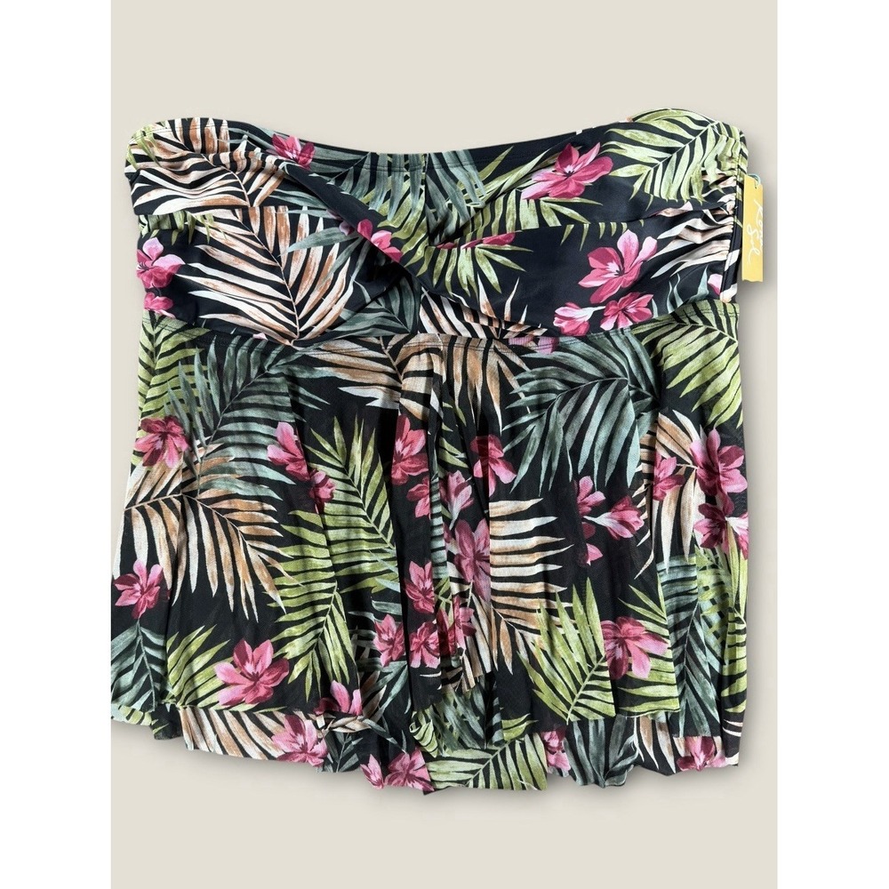 Kona Sol Bandeau Swim Mesh Flyaway Top 3X  NWT Tropical Floral Twist Front